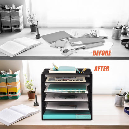 3 Tier Mesh Desk Organizer Tray, File Paper Letter Folder Holder Desktop Paper Sorter Mail Organization Rack Storage Accessories, for Office Home School Classroom, Black