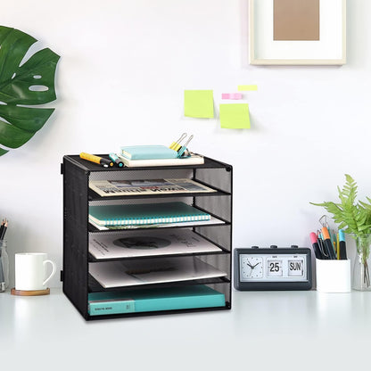 3 Tier Mesh Desk Organizer Tray, File Paper Letter Folder Holder Desktop Paper Sorter Mail Organization Rack Storage Accessories, for Office Home School Classroom, Black
