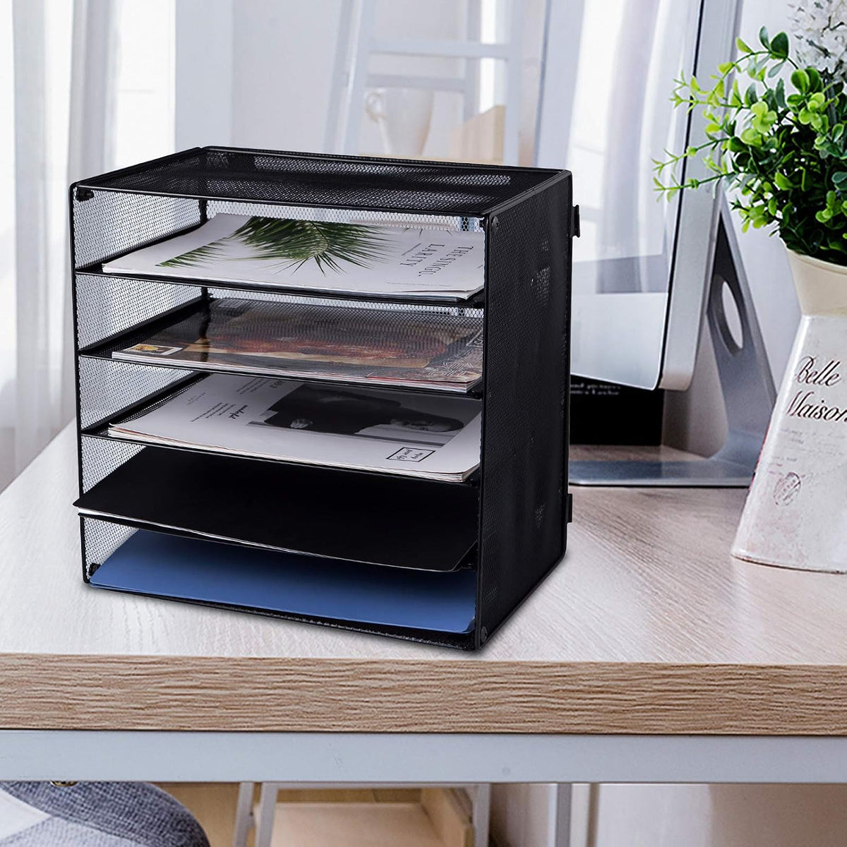 3 Tier Mesh Desk Organizer Tray, File Paper Letter Folder Holder Desktop Paper Sorter Mail Organization Rack Storage Accessories, for Office Home School Classroom, Black