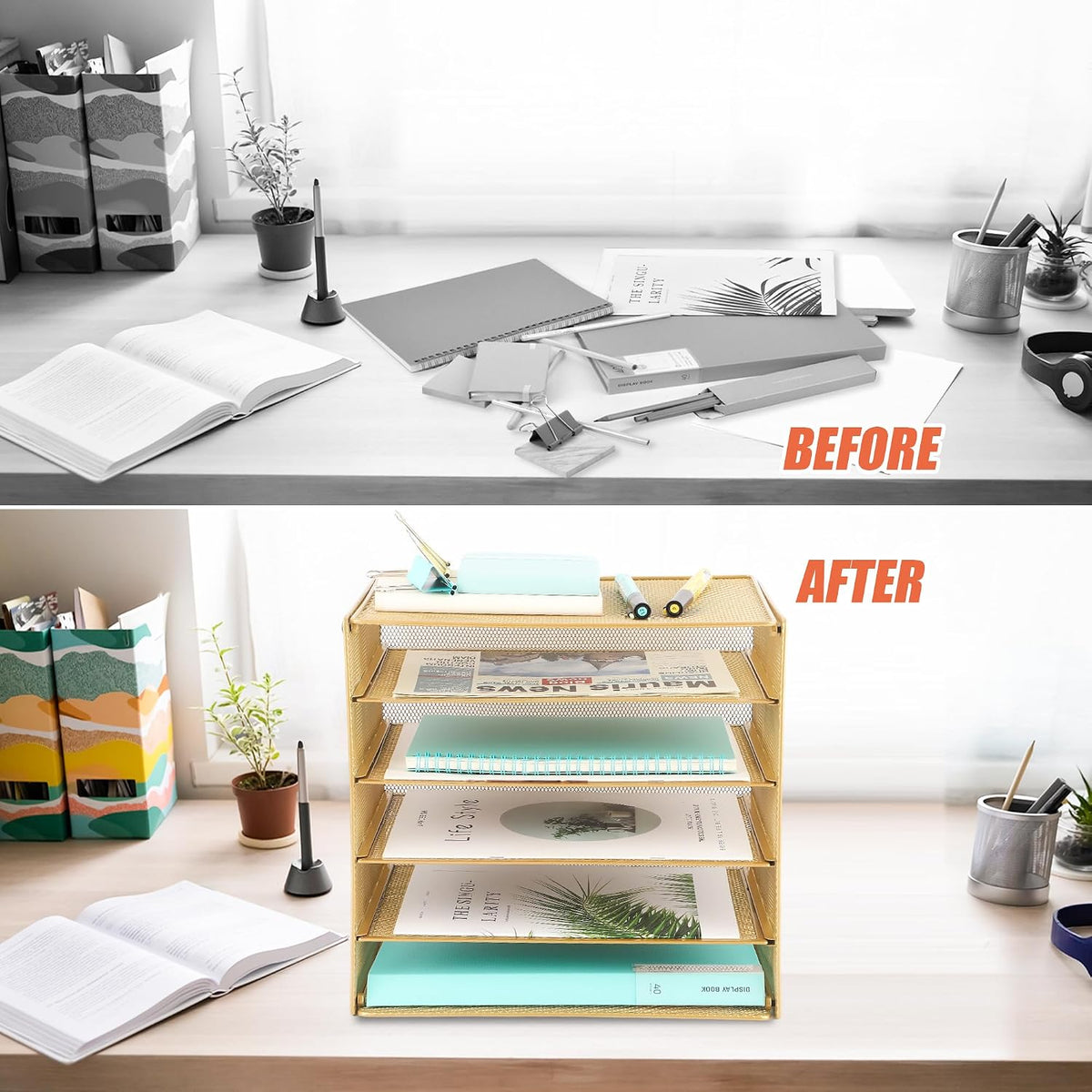 3 Tier Mesh Desk Organizer Tray, File Paper Letter Folder Holder Desktop Paper Sorter Mail Organization Rack Storage Accessories, for Office Home School Classroom, Black