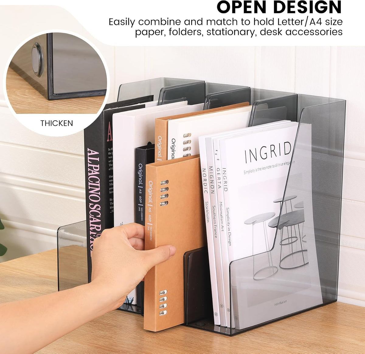 Vertical File Holder, PET Desk Organizer and Storage Bins Holding for Magazines, Binders, Notebooks, Envelopes, Papers, Multi-purpose Plastic Document Organizer for Home Office, Black, 4 Pack