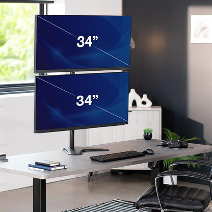 Dual Monitor Desk Stand Free-Standing LCD Mount, Holds in Stacked Vertical Position 2 Ultrawide Screens up to 34 inches, Black, STAND-V002L