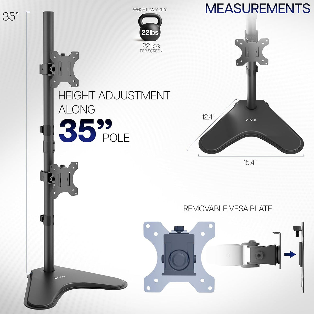 Dual Monitor Desk Stand Free-Standing LCD Mount, Holds in Stacked Vertical Position 2 Ultrawide Screens up to 34 inches, Black, STAND-V002L