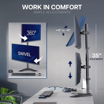 Dual Monitor Desk Stand Free-Standing LCD Mount, Holds in Stacked Vertical Position 2 Ultrawide Screens up to 34 inches, Black, STAND-V002L