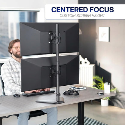 Dual Monitor Desk Stand Free-Standing LCD Mount, Holds in Stacked Vertical Position 2 Ultrawide Screens up to 34 inches, Black, STAND-V002L
