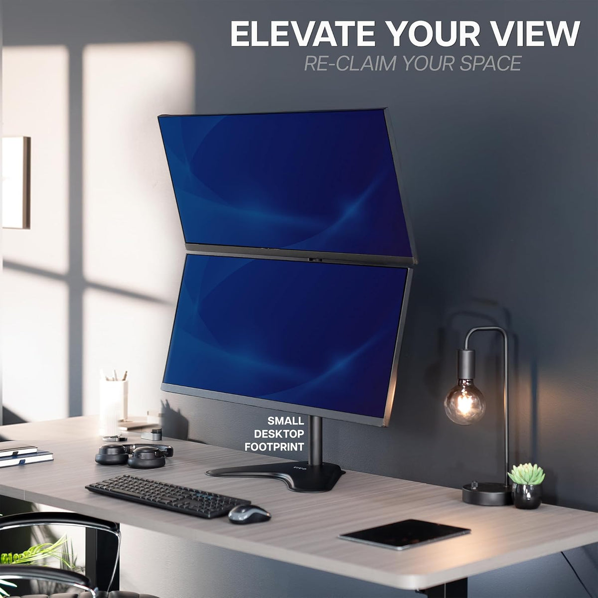 Dual Monitor Desk Stand Free-Standing LCD Mount, Holds in Stacked Vertical Position 2 Ultrawide Screens up to 34 inches, Black, STAND-V002L