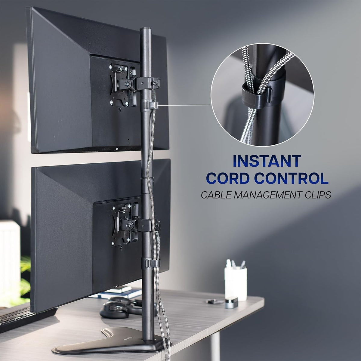 Dual Monitor Desk Stand Free-Standing LCD Mount, Holds in Stacked Vertical Position 2 Ultrawide Screens up to 34 inches, Black, STAND-V002L