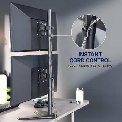 Dual Monitor Desk Stand Free-Standing LCD Mount, Holds in Stacked Vertical Position 2 Ultrawide Screens up to 34 inches, Black, STAND-V002L
