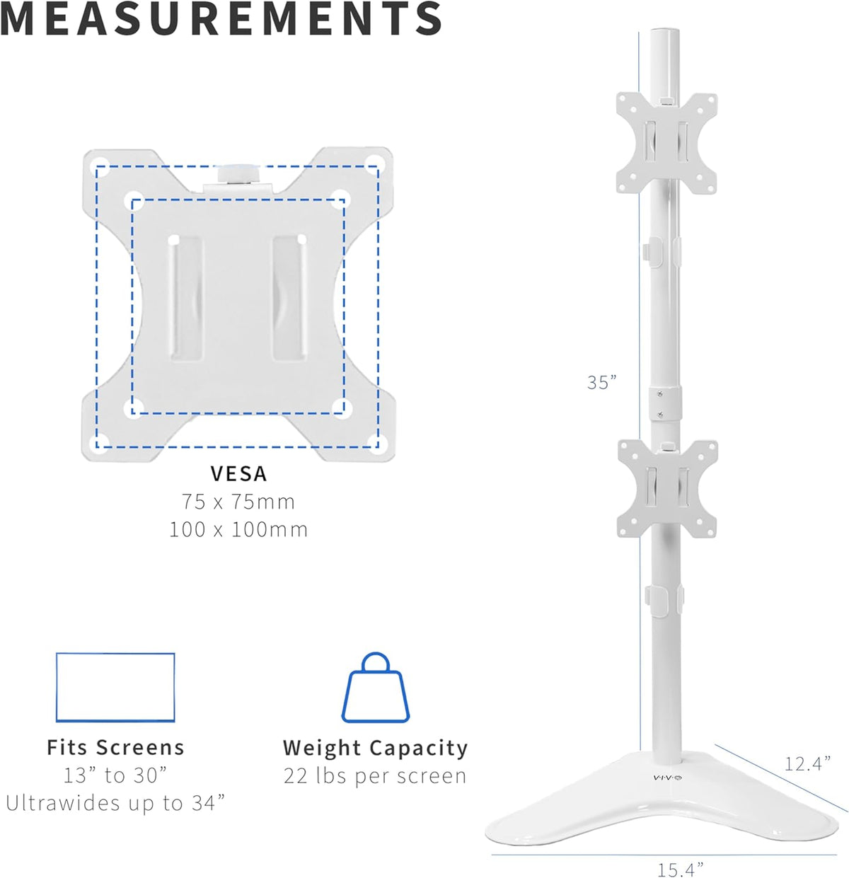 Dual Monitor Desk Stand Free-Standing LCD Mount, Holds in Stacked Vertical Position 2 Ultrawide Screens up to 34 inches, Black, STAND-V002L
