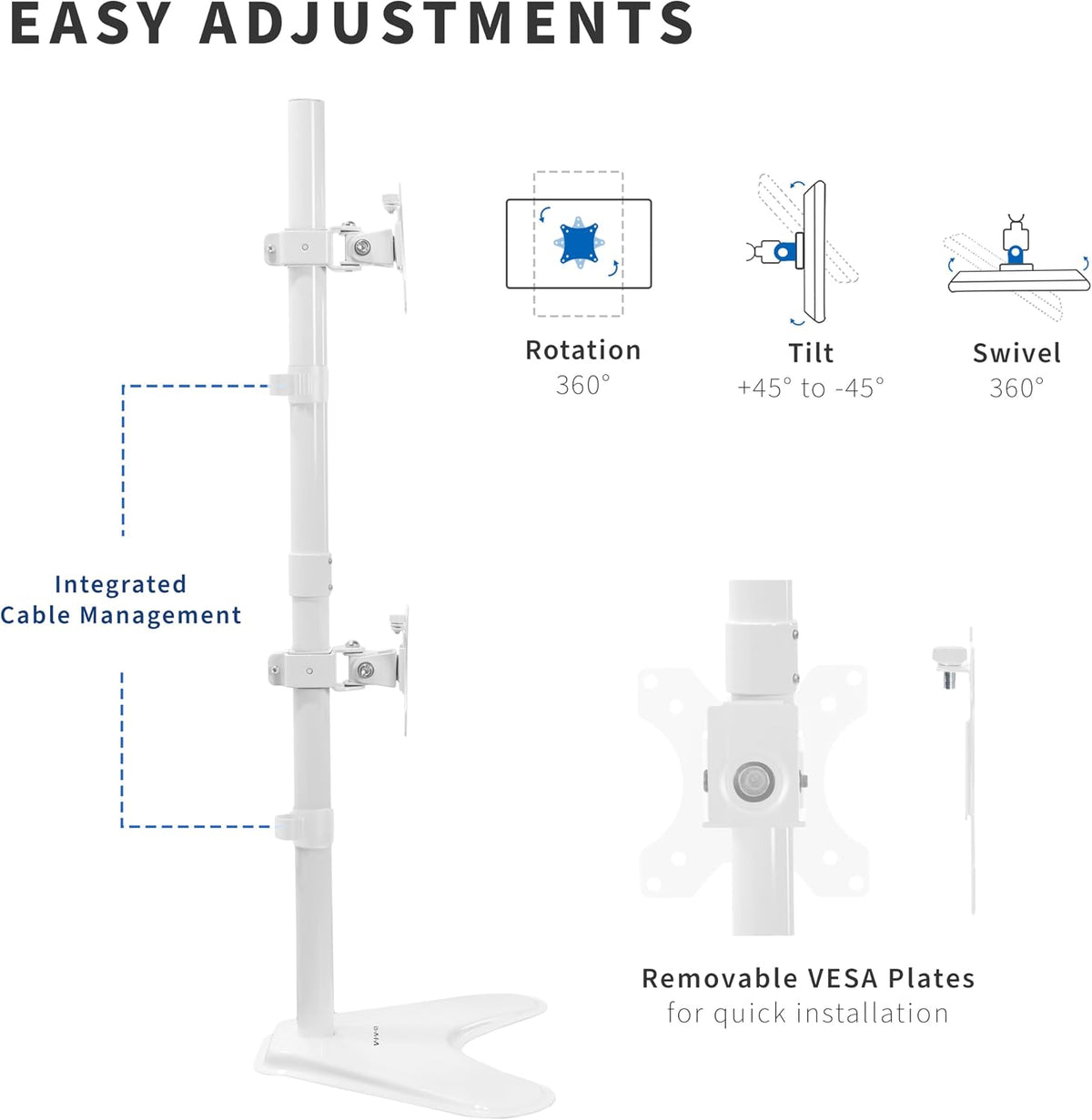 Dual Monitor Desk Stand Free-Standing LCD Mount, Holds in Stacked Vertical Position 2 Ultrawide Screens up to 34 inches, Black, STAND-V002L