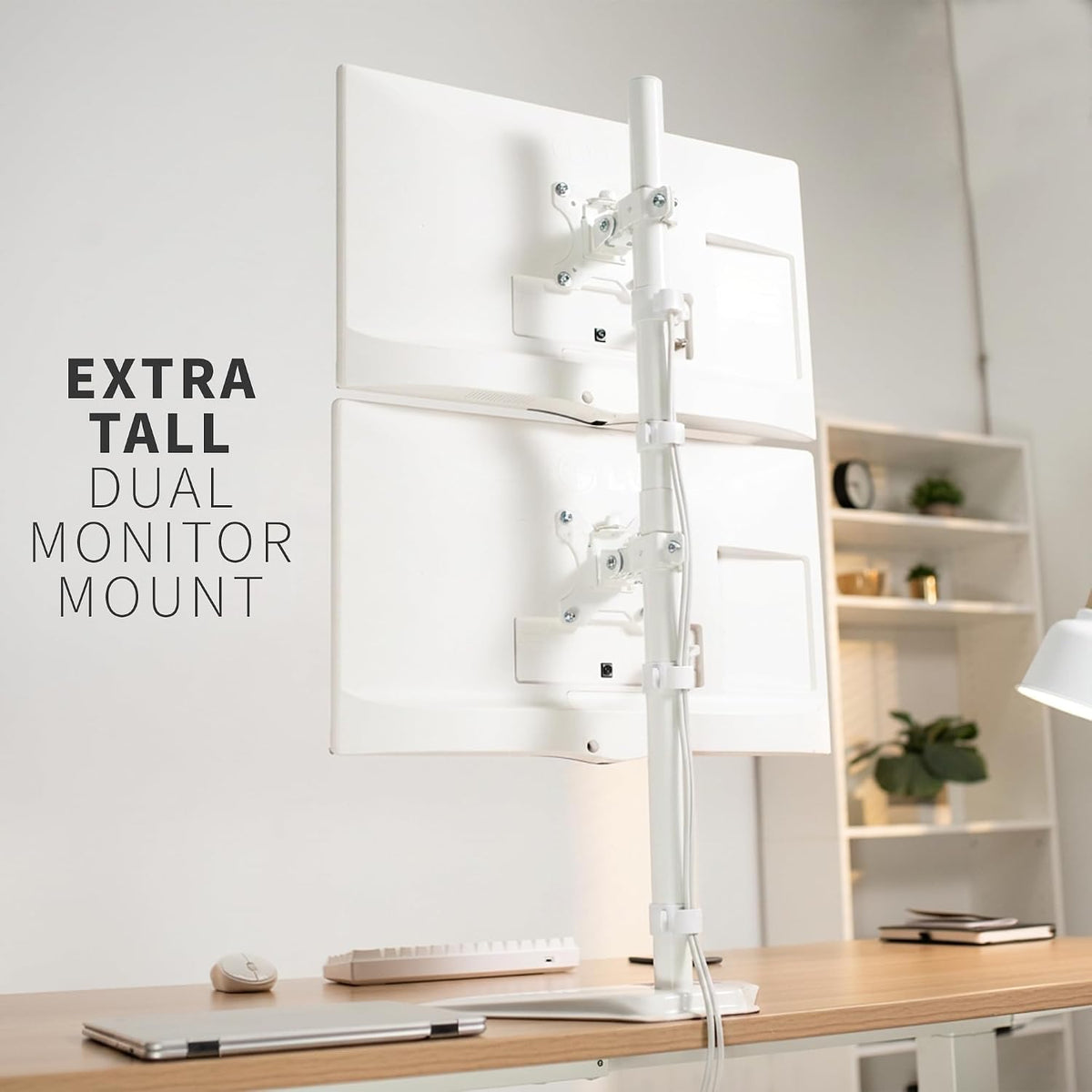 Dual Monitor Desk Stand Free-Standing LCD Mount, Holds in Stacked Vertical Position 2 Ultrawide Screens up to 34 inches, Black, STAND-V002L