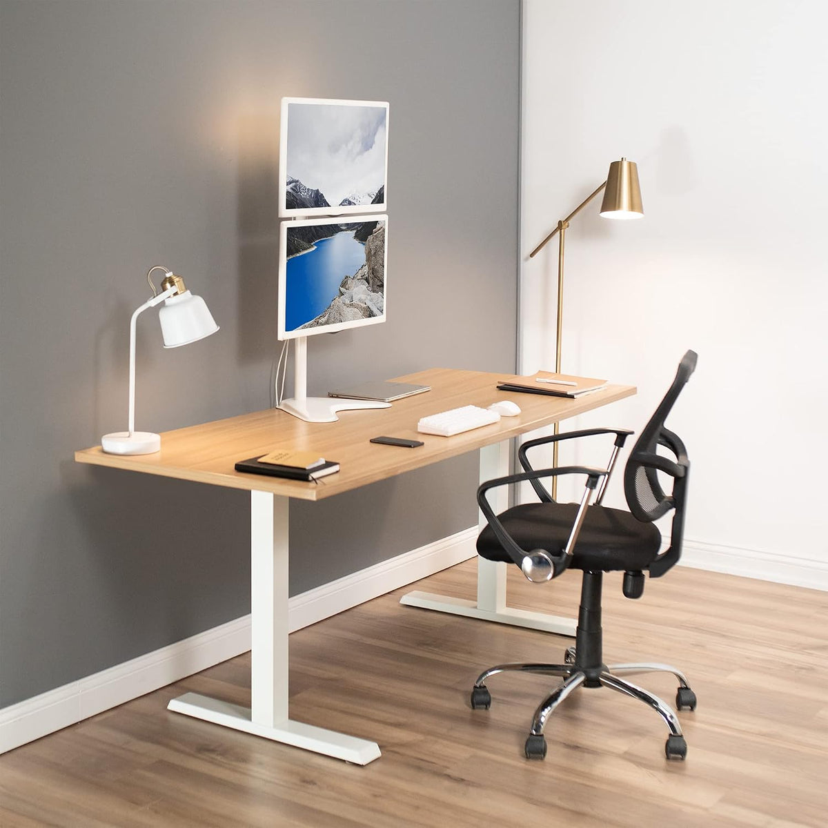 Dual Monitor Desk Stand Free-Standing LCD Mount, Holds in Stacked Vertical Position 2 Ultrawide Screens up to 34 inches, Black, STAND-V002L