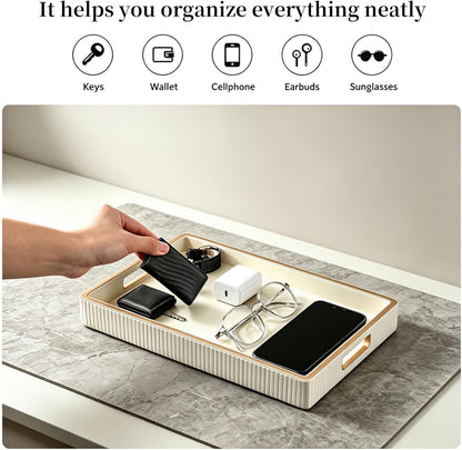 Leather Tray Desktop Storage Organizer, Rectangle Valet Tray, White