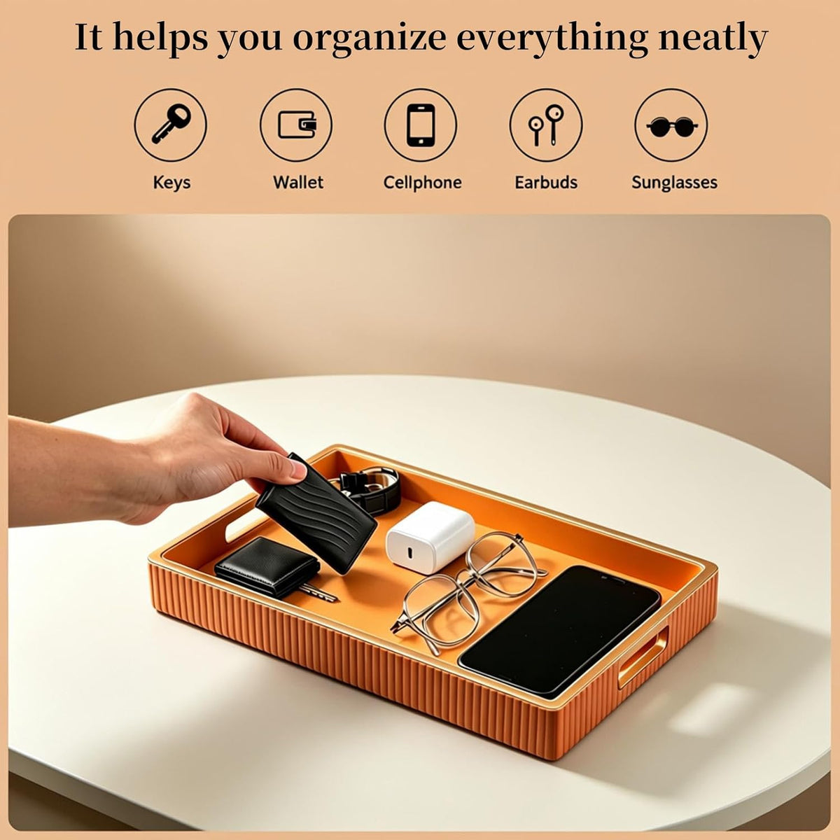 Leather Tray Desktop Storage Organizer, Rectangle Valet Tray, White