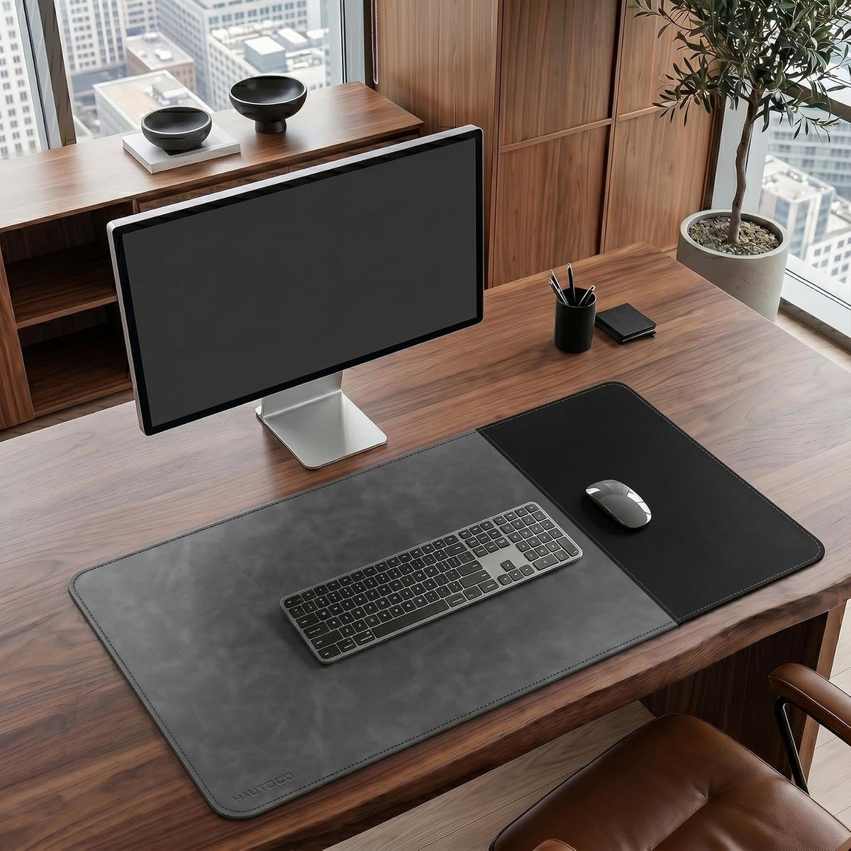 Cork Desk Mat 31.5"x15.7", Distressed PU Leather & Cloth Desk Pad