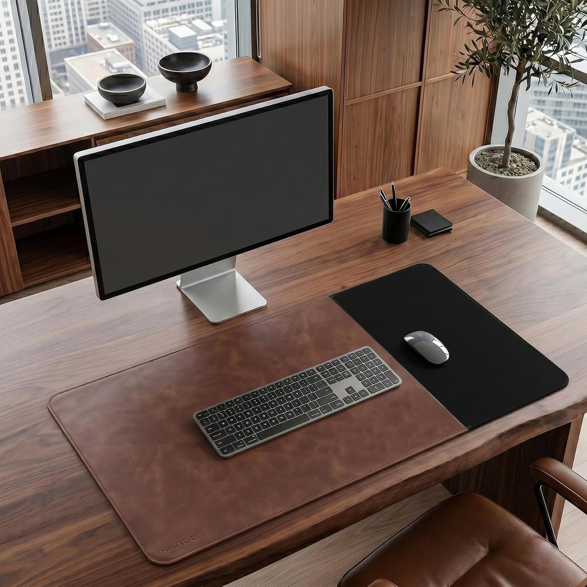 Cork Desk Mat 31.5"x15.7", Distressed PU Leather & Cloth Desk Pad