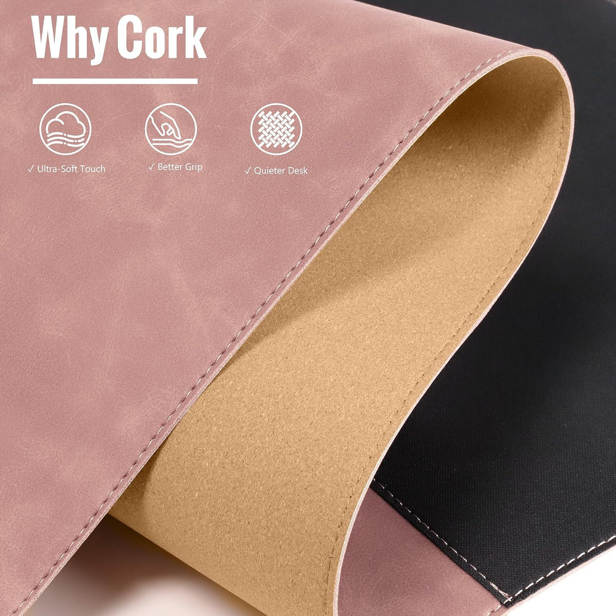 Cork Desk Mat 31.5"x15.7", Distressed PU Leather & Cloth Desk Pad