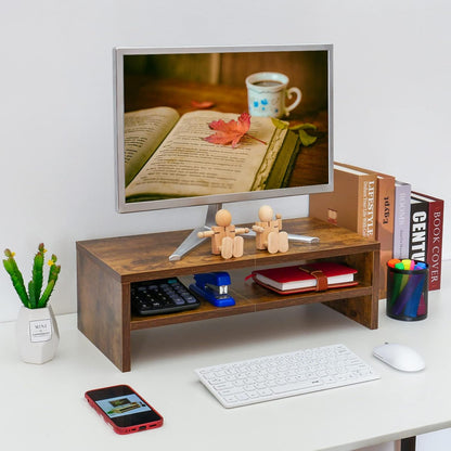 20 inch Monitor Riser Stand - 2 Tiers, Wood Rustic Desktop Bookshelf