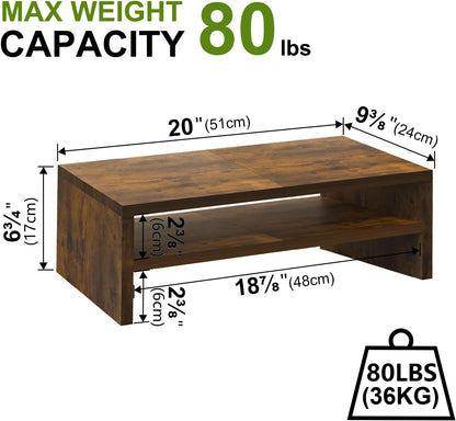20 inch Monitor Riser Stand - 2 Tiers, Wood Rustic Desktop Bookshelf