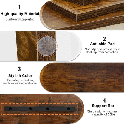 20 inch Monitor Riser Stand - 2 Tiers, Wood Rustic Desktop Bookshelf