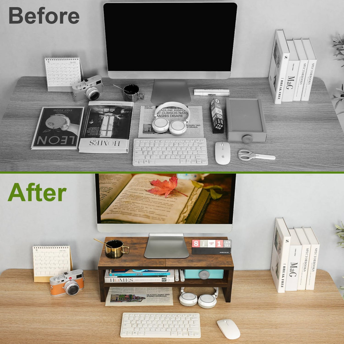 20 inch Monitor Riser Stand - 2 Tiers, Wood Rustic Desktop Bookshelf