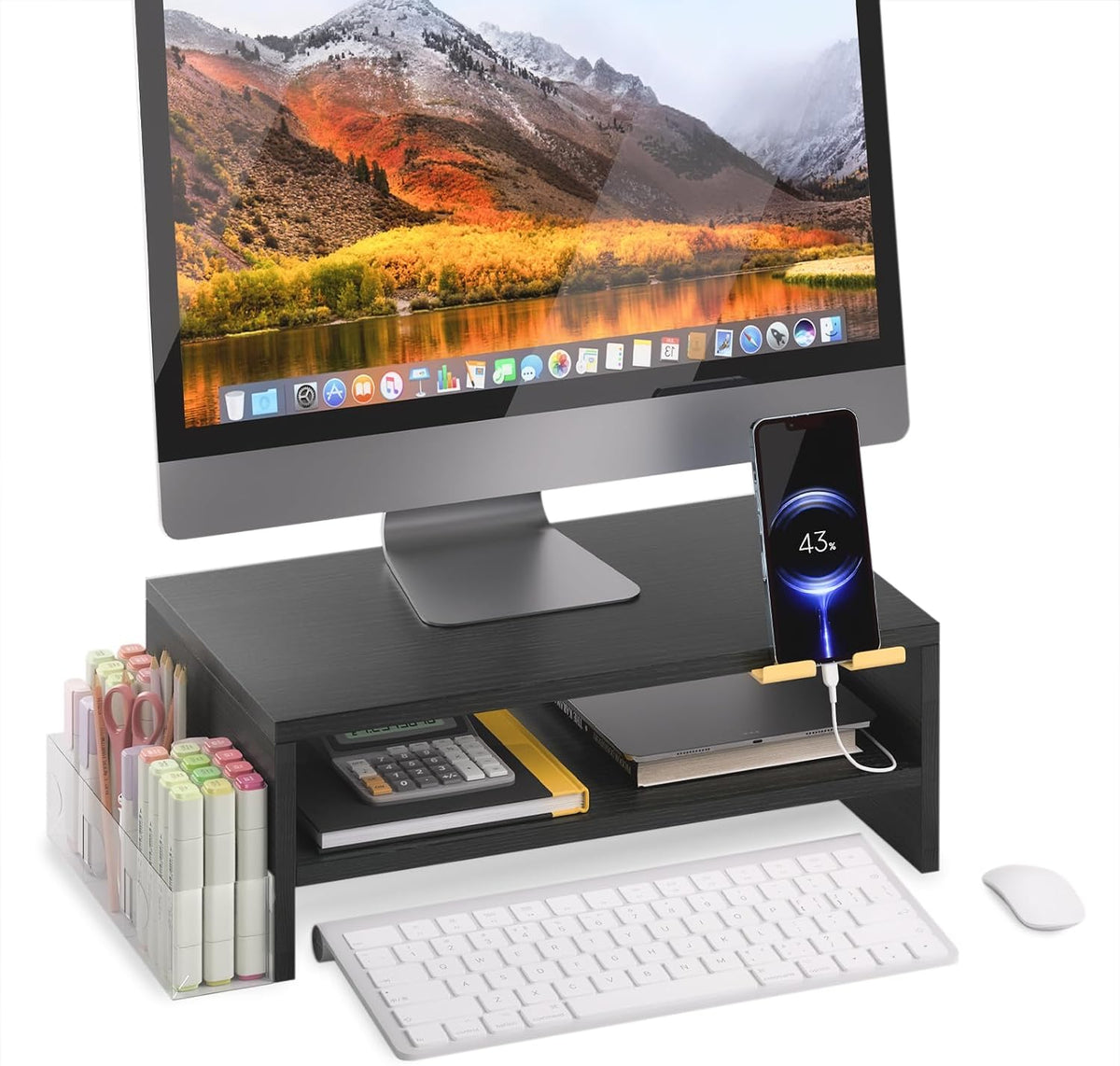 20 inch Monitor Riser Stand - 2 Tiers, Wood Rustic Desktop Bookshelf