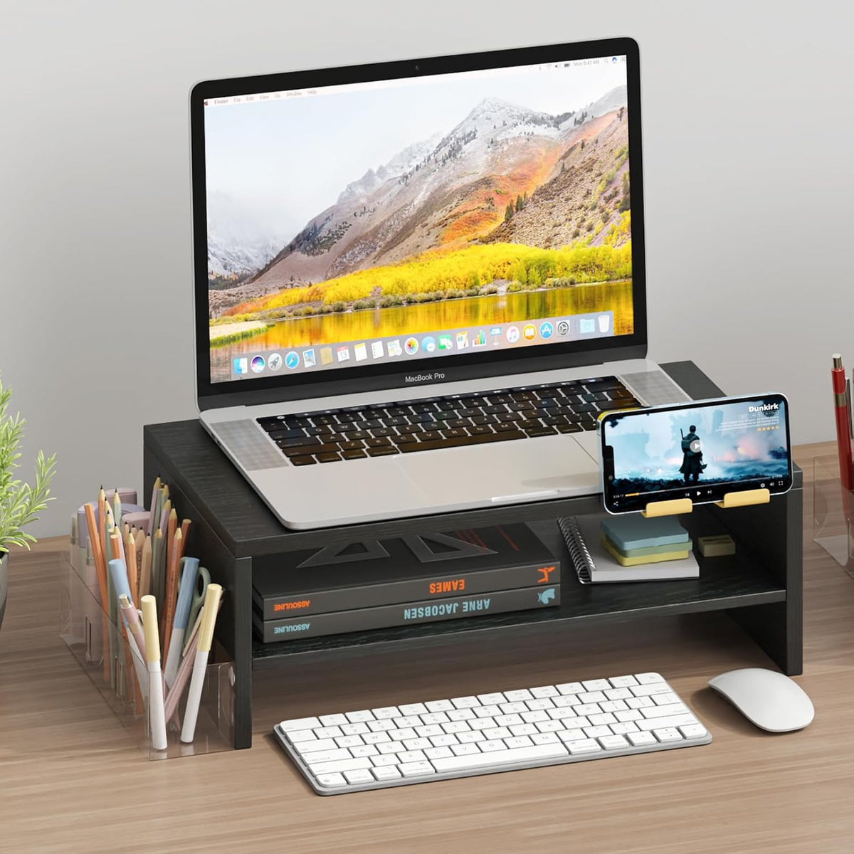 20 inch Monitor Riser Stand - 2 Tiers, Wood Rustic Desktop Bookshelf