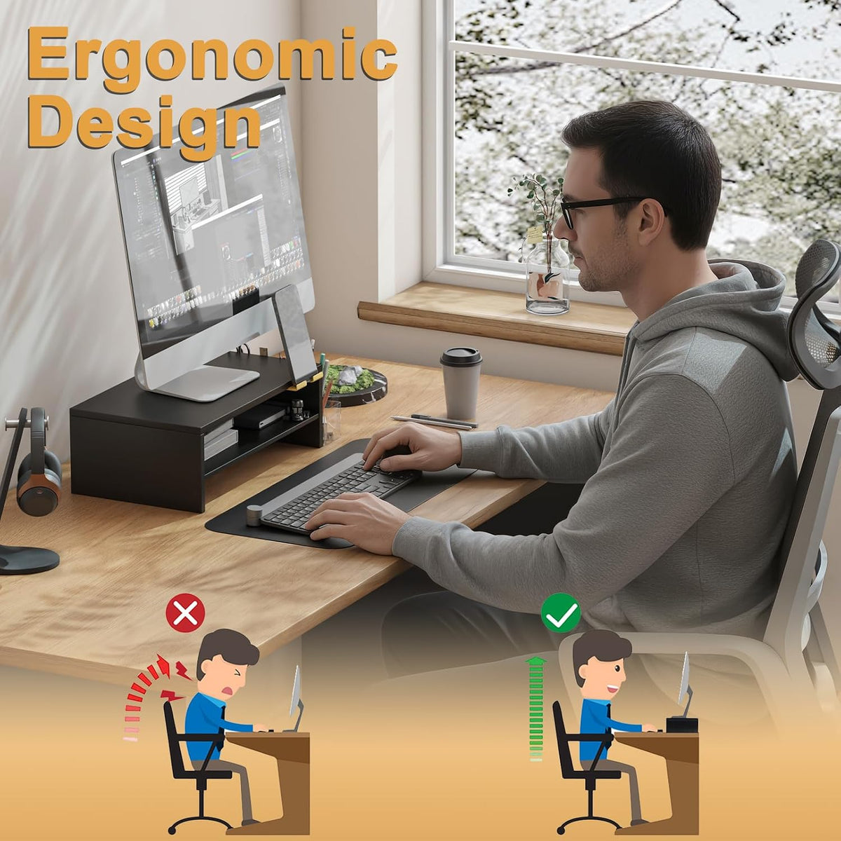 20 inch Monitor Riser Stand - 2 Tiers, Wood Rustic Desktop Bookshelf