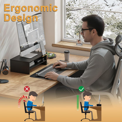 20 inch Monitor Riser Stand - 2 Tiers, Wood Rustic Desktop Bookshelf