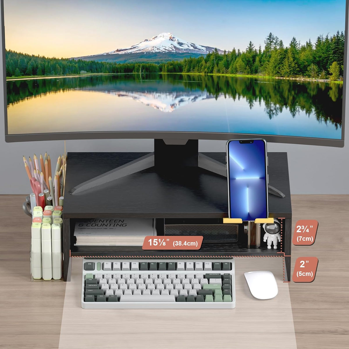20 inch Monitor Riser Stand - 2 Tiers, Wood Rustic Desktop Bookshelf