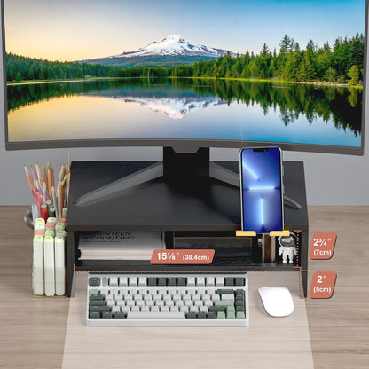 20 inch Monitor Riser Stand - 2 Tiers, Wood Rustic Desktop Bookshelf