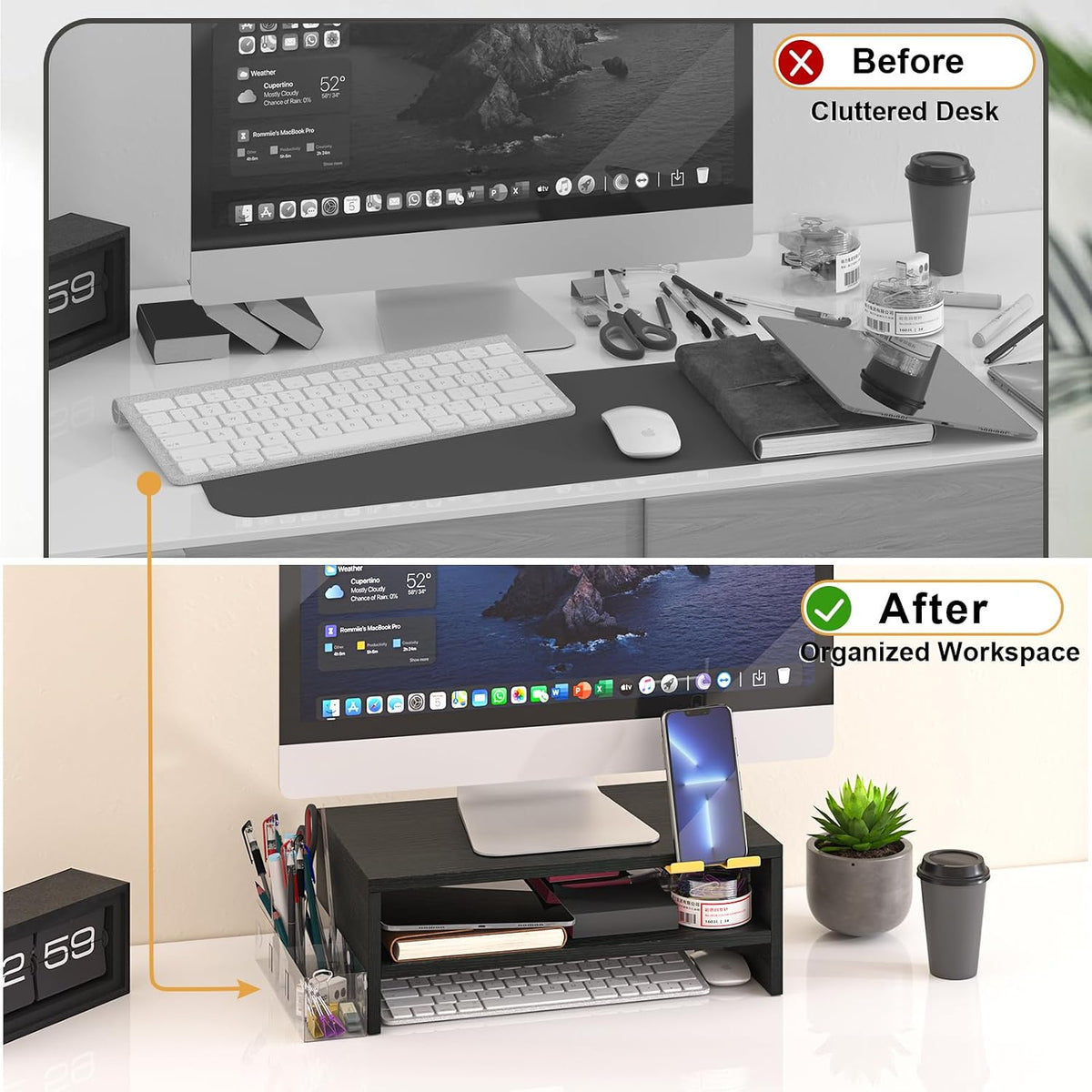 20 inch Monitor Riser Stand - 2 Tiers, Wood Rustic Desktop Bookshelf