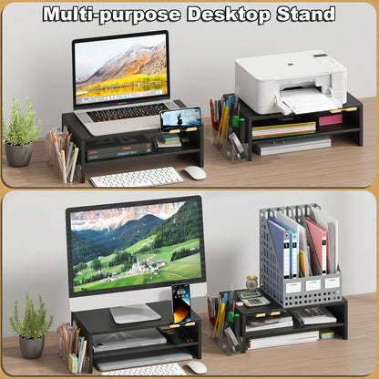20 inch Monitor Riser Stand - 2 Tiers, Wood Rustic Desktop Bookshelf
