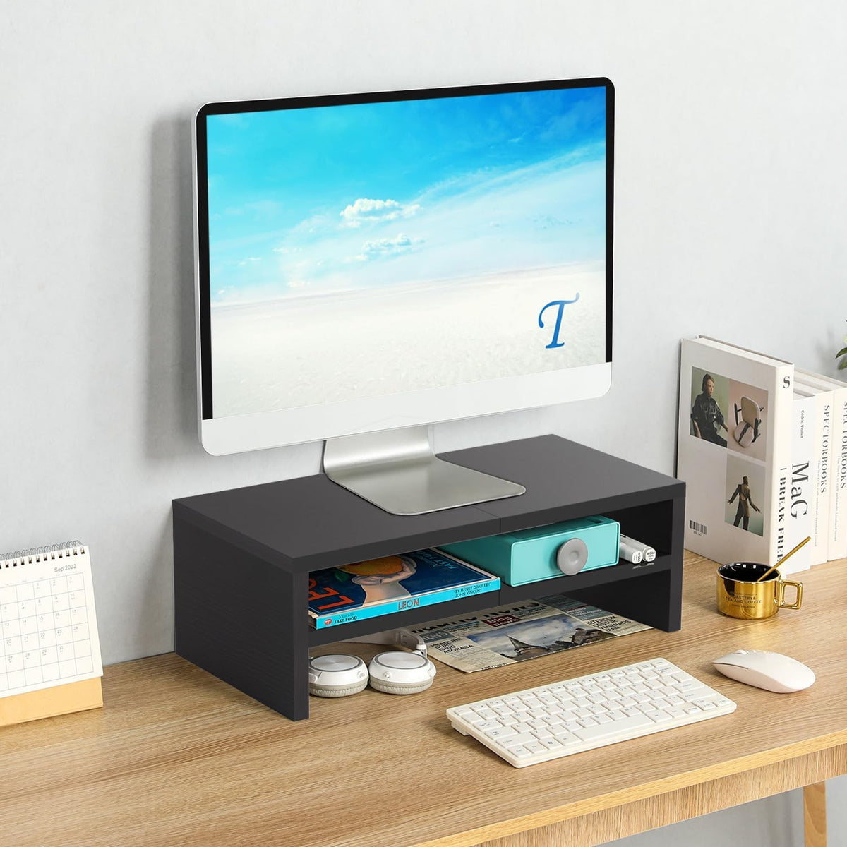 20 inch Monitor Riser Stand - 2 Tiers, Wood Rustic Desktop Bookshelf