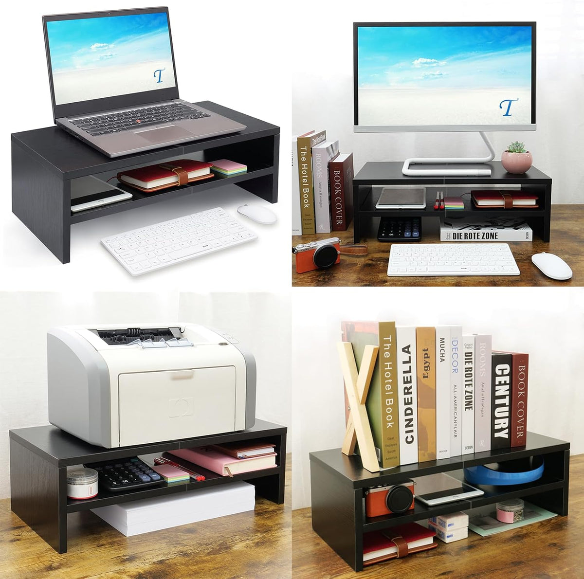 20 inch Monitor Riser Stand - 2 Tiers, Wood Rustic Desktop Bookshelf