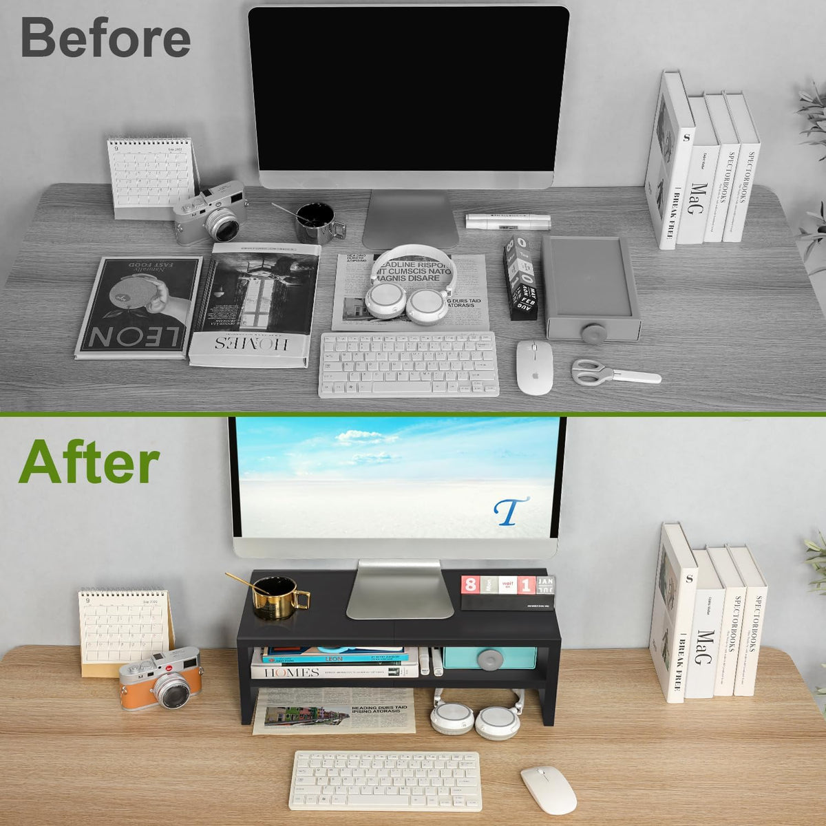 20 inch Monitor Riser Stand - 2 Tiers, Wood Rustic Desktop Bookshelf