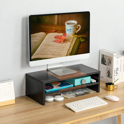 20 inch Monitor Riser Stand - 2 Tiers, Wood Rustic Desktop Bookshelf