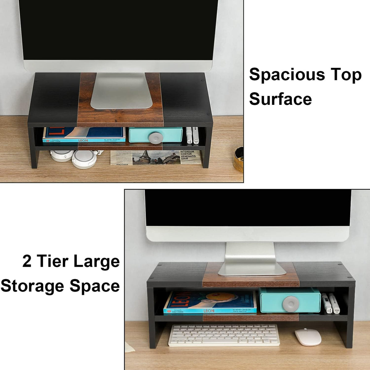 20 inch Monitor Riser Stand - 2 Tiers, Wood Rustic Desktop Bookshelf