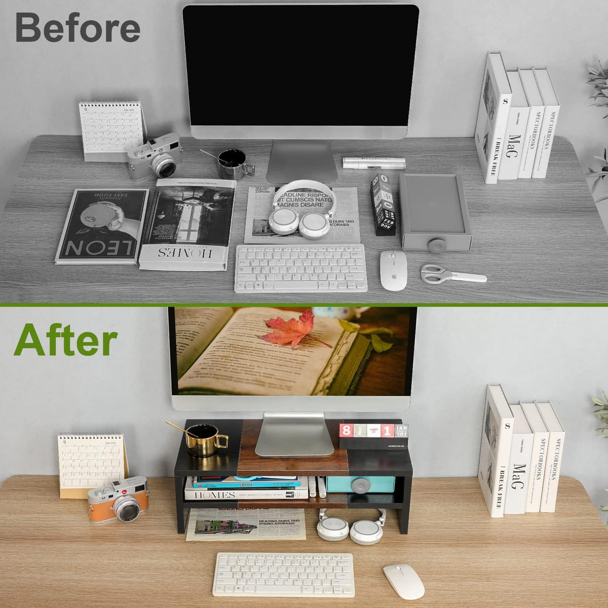 20 inch Monitor Riser Stand - 2 Tiers, Wood Rustic Desktop Bookshelf