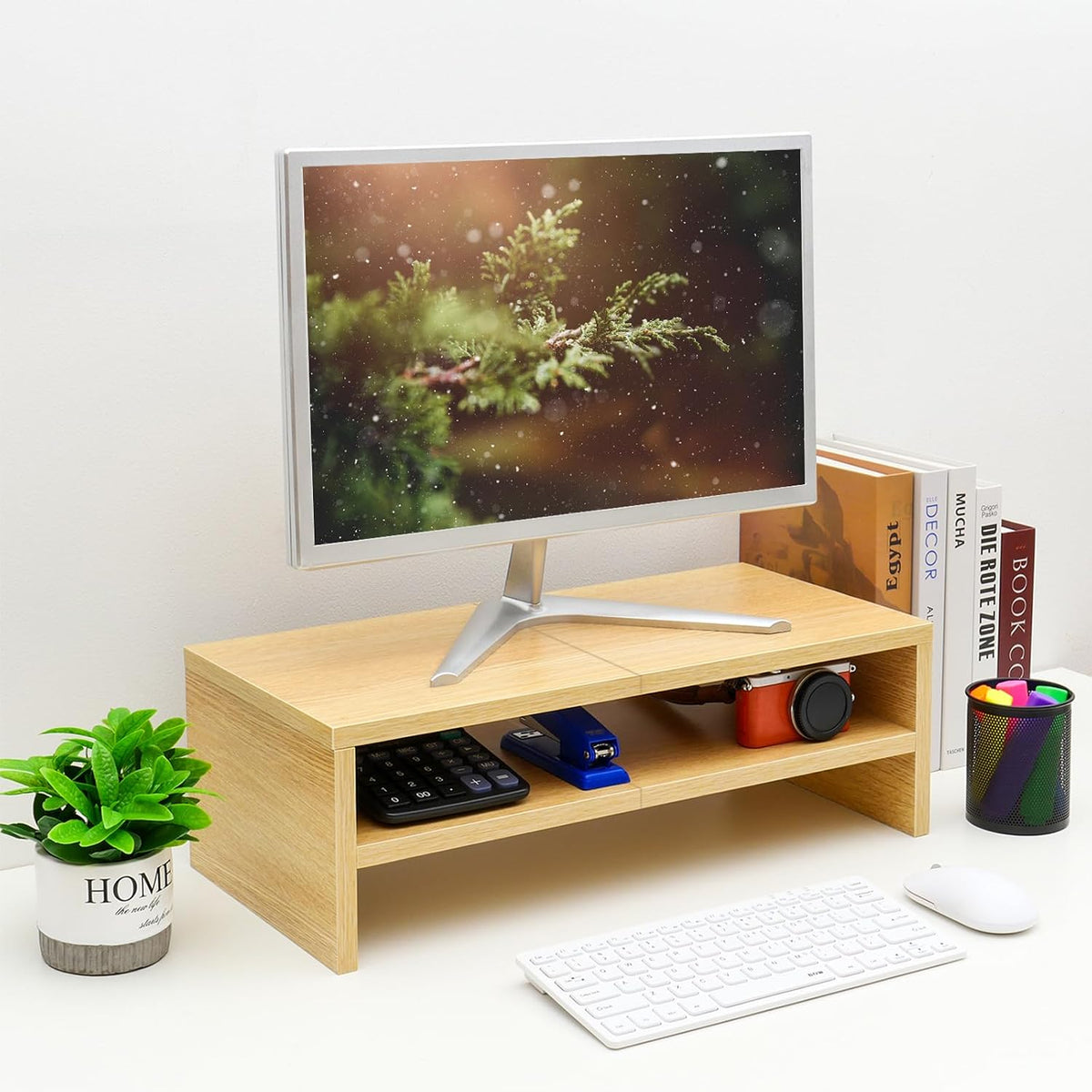 20 inch Monitor Riser Stand - 2 Tiers, Wood Rustic Desktop Bookshelf