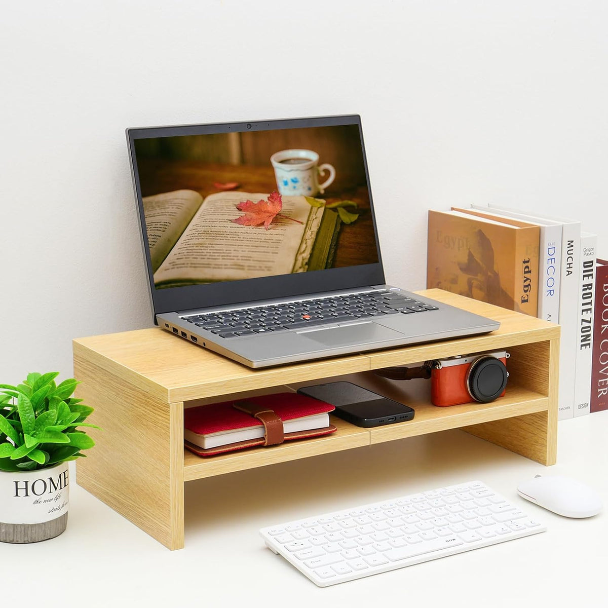 20 inch Monitor Riser Stand - 2 Tiers, Wood Rustic Desktop Bookshelf
