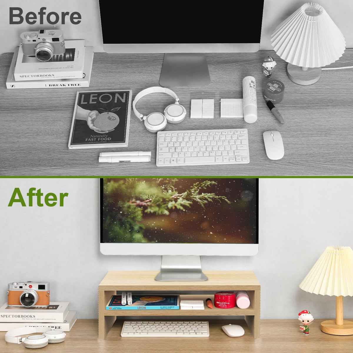 20 inch Monitor Riser Stand - 2 Tiers, Wood Rustic Desktop Bookshelf
