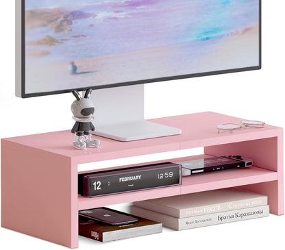 20 inch Monitor Riser Stand - 2 Tiers, Wood Rustic Desktop Bookshelf