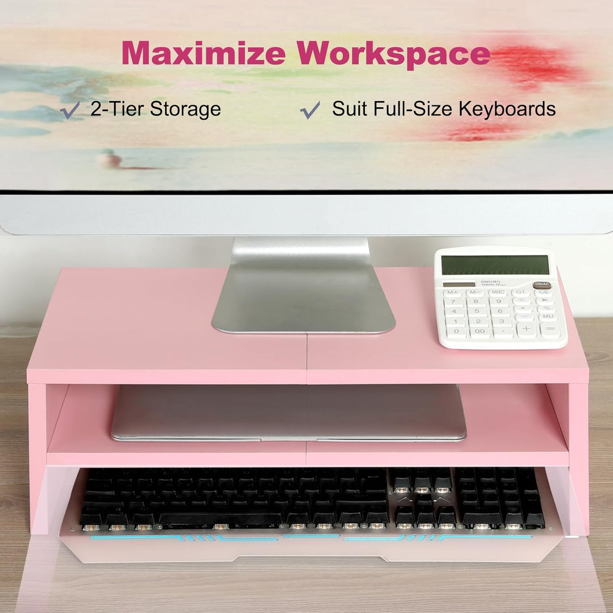 20 inch Monitor Riser Stand - 2 Tiers, Wood Rustic Desktop Bookshelf