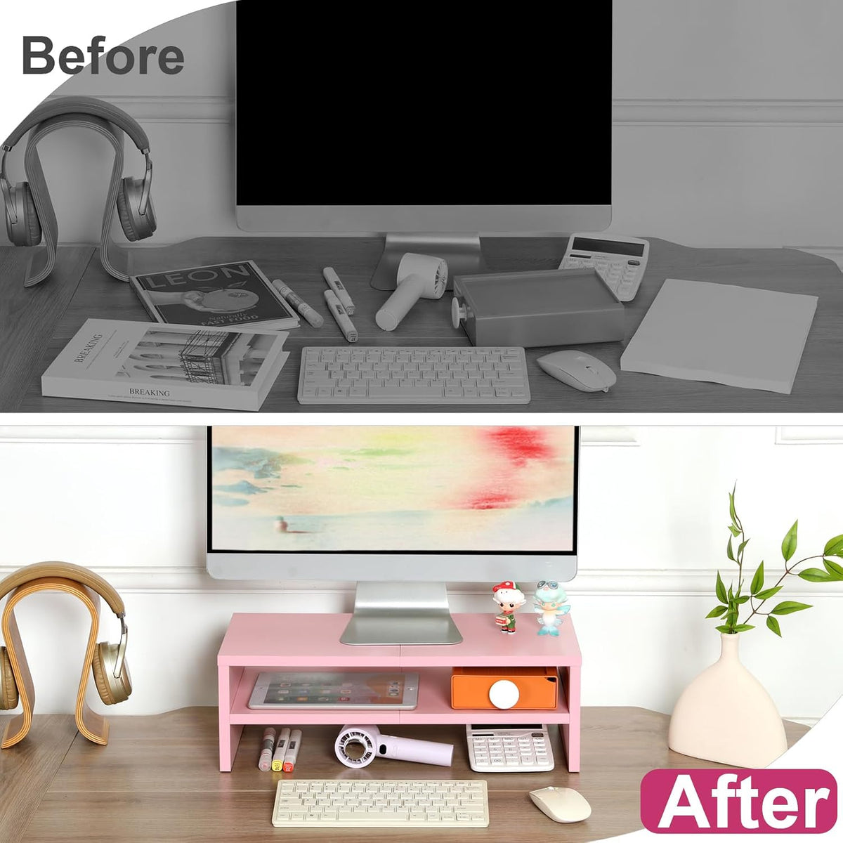 20 inch Monitor Riser Stand - 2 Tiers, Wood Rustic Desktop Bookshelf