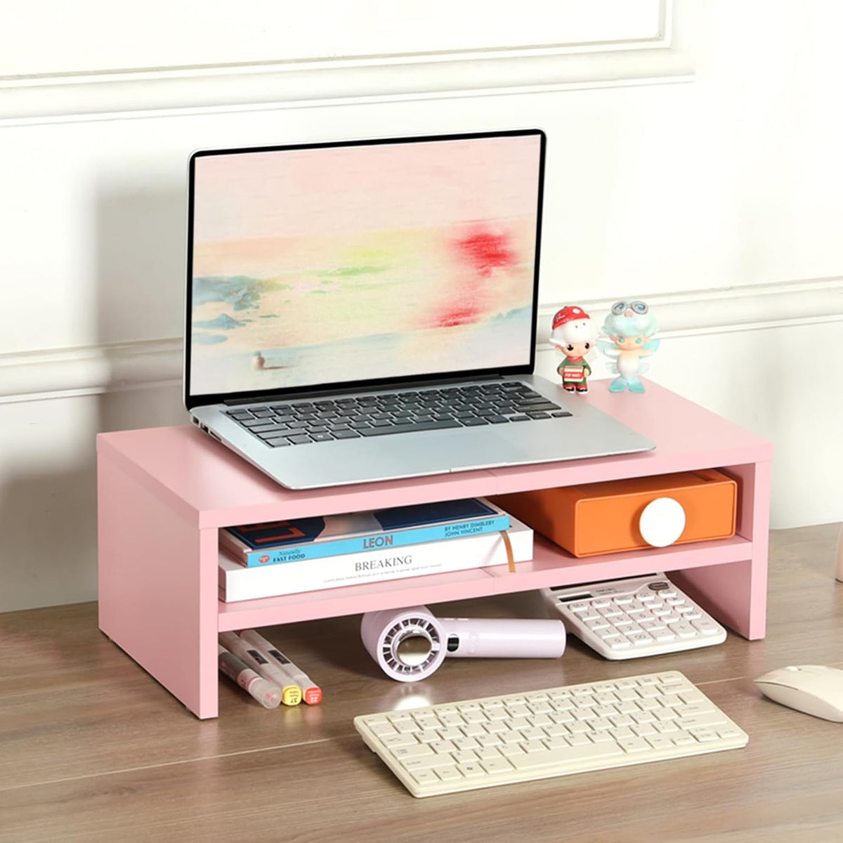 20 inch Monitor Riser Stand - 2 Tiers, Wood Rustic Desktop Bookshelf