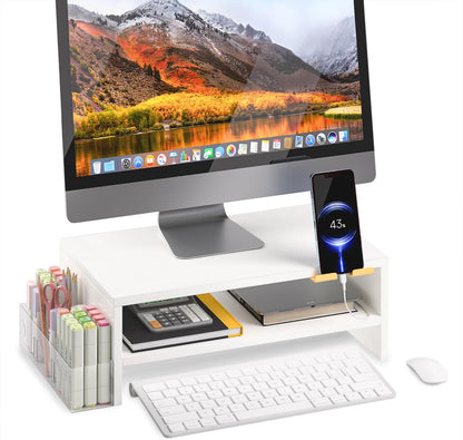 20 inch Monitor Riser Stand - 2 Tiers, Wood Rustic Desktop Bookshelf