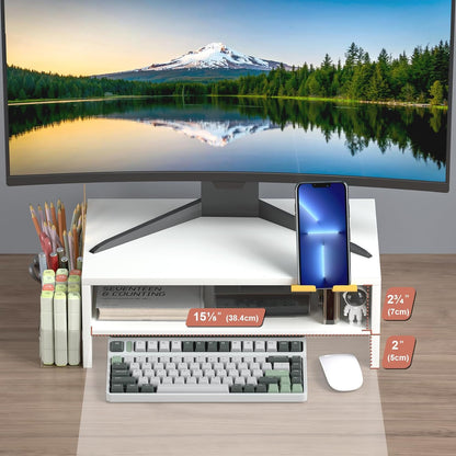 20 inch Monitor Riser Stand - 2 Tiers, Wood Rustic Desktop Bookshelf