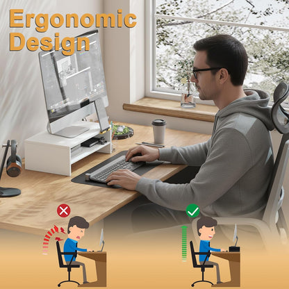 20 inch Monitor Riser Stand - 2 Tiers, Wood Rustic Desktop Bookshelf