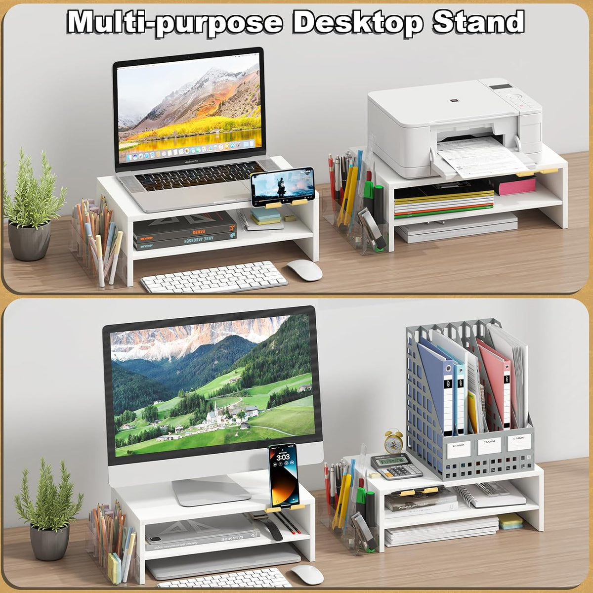 20 inch Monitor Riser Stand - 2 Tiers, Wood Rustic Desktop Bookshelf